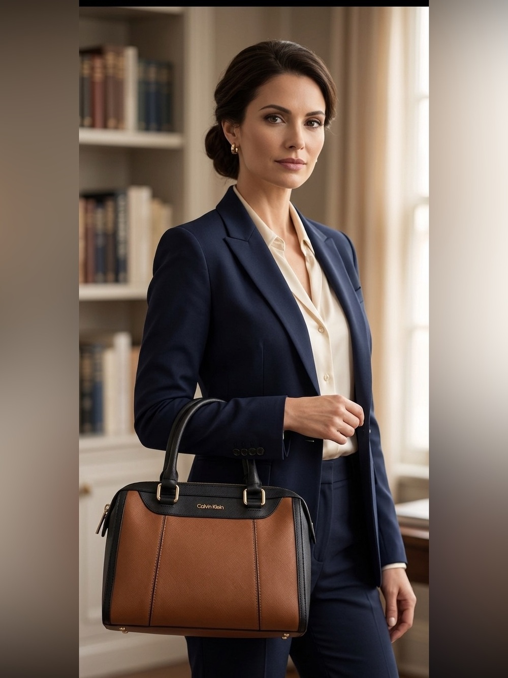Calvin Klein Black and Brown Saffiano Leather Women's Bag Satchel